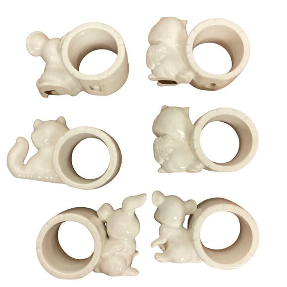 Schmid Bros Animal Napkin Rings Set Of 6 White Ceramic Raccoon Owl Mouse in Box - Picture 10 of 14
